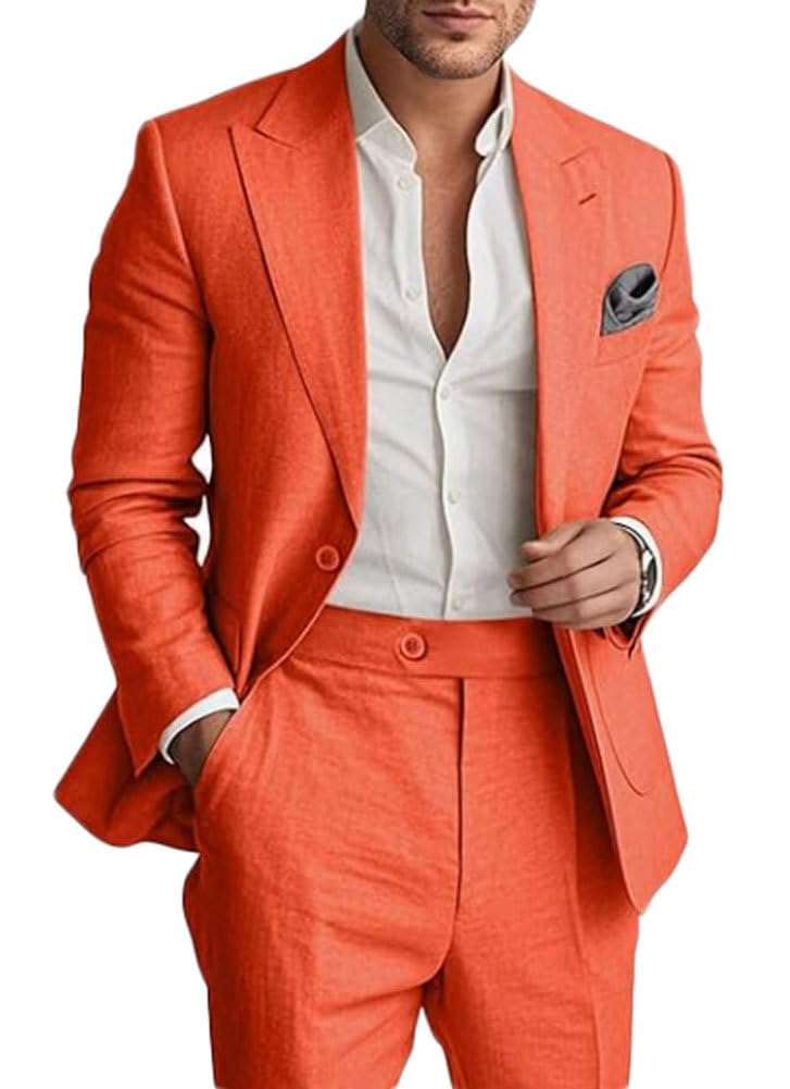 Completo da uomo in lino da 2 pezzi, leggero, blazer e pantaloni, set estivo da spiaggia per matrimoni