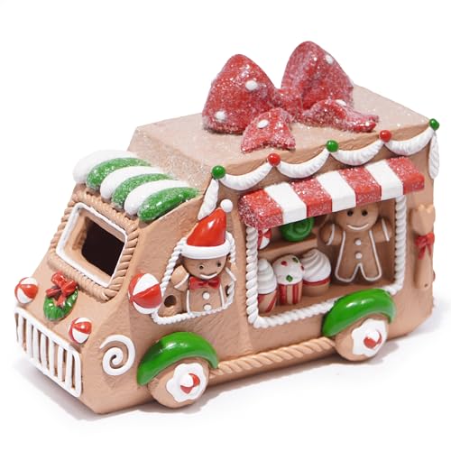 Hodao Christmas Decorations Gingerbread House Figurine with Ice Cream Car Design, Battery-Powered (2 AAA), 6.4