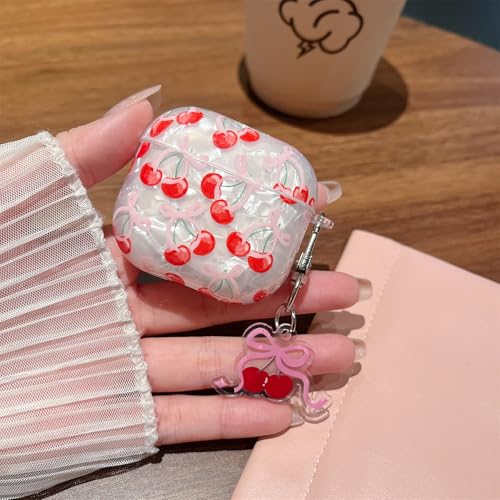 Image of MINSCOSE for Cute Glitter AirPods 4 Case,Shell Pattern Cherry Bow Trendy Design with Keychain,Protective Shockproof Cover for Airpods iPod 4th Generation for Women Girl-Red