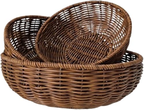 3Pcs Wicker Bread Basket Set Azonee Handwoven Round Rattan Baskets for Kitchen Fruit & Vegetable Organizer Food & Snack Storage Basket