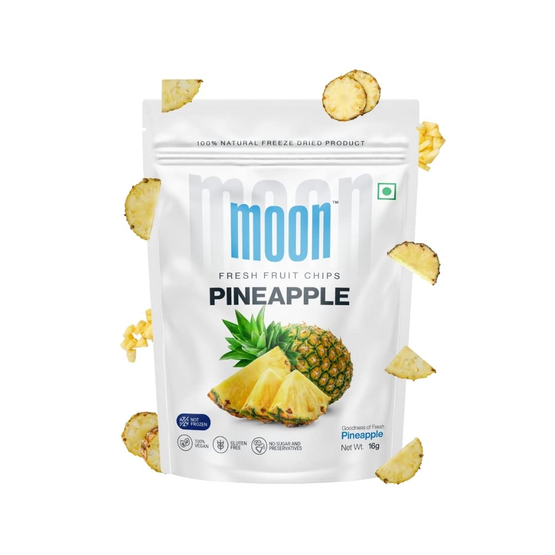 Moon Freeze Dried Pineapple Chips | Healthy Pineapple Snack | 100% Natural, Vegan, No Preservatives, No Added Sugar | 16Gm | Moon-Fruit-Cubes | (16Gm) Pack of 1