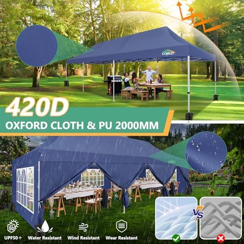 Image of COBIZI 10x30 Pop Up Canopy Tent with 8 Removable Sidewalls, Easy Setup Canopy with Roller Bag & Sandbags,Waterproof and UPF50+ Gazebo Tent, Outdoor Gazebo for Party Wedding BBQ Events,(White.