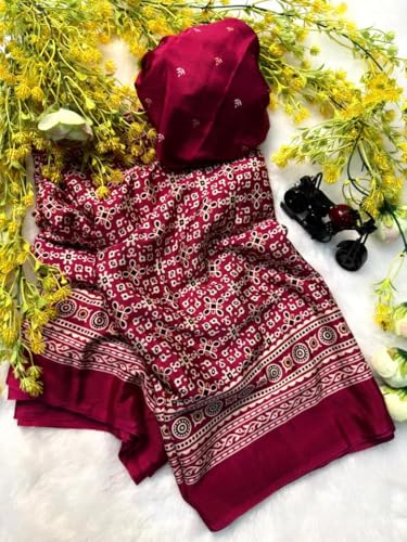 Image of SATIKA VASTRAM Modal Silk Ajrakh Saree Bandhani Design Crepe Printed Designer Pallu Attach Blouse Piece