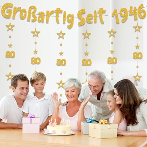 80. Geburtstag Deko Männer Frauen - 7 Stück Gold Großartig Seit 1946 Girlanden mit Zahlen 80 und Jahreszahl, Glitzer Banner und Hängedeko für Kinder Geburtstag Feier