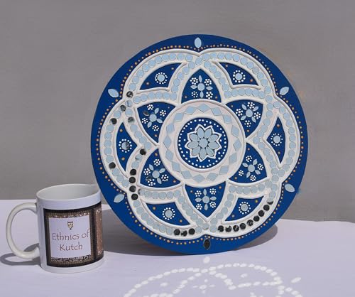 Image of Ethnics of Kutch Traditional Kutch Handicraft Mud-Mirrorwork Lippan Kam Wall Art (Water and Break Resistant) - Round (12 Inch Diameter) - (Blue LKT-0279)