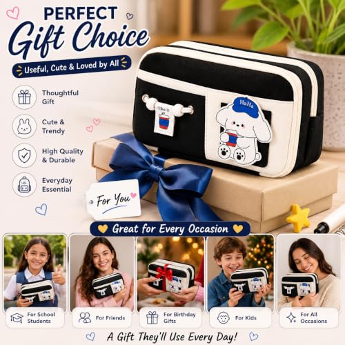 Image of FINEMOE Kawaii Pencil Pouch for Girls & Boys, Cute Black Pencil Pouch for School, 10 Layer Large Capacity Aesthetic Stationery with Zipper, Pencil Case for Kids, Return Gifts (Black)