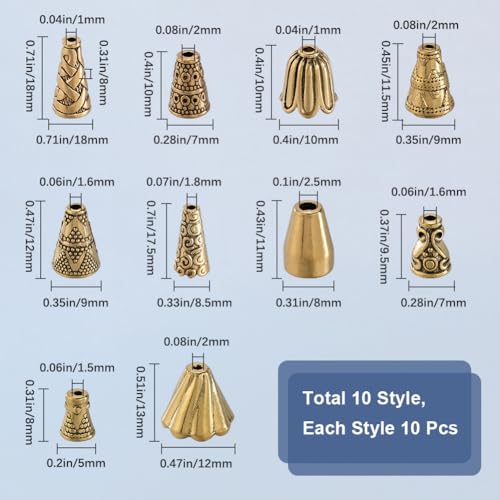 SOFPLATE 100Pcs 10 Styles Gold Cone Bead capss Flower Bead capss Tibetan Style Alloy Antique Golden Beading Tassel End capss for DIY jewellery Making Findings Supplies Earrings Accessories Crafting - Image 2