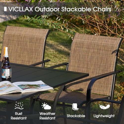 Image of VICLLAX 5 Pieces Patio Dining Set for 4, Outdoor Furniture Set Includes 40.7 inch Round Patio Table and 4 Patio Stackable Chairs, Black Tabletop and Brown Fabric