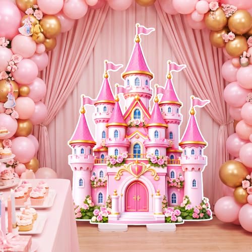 Image of Qunclay 4.5 ft Pink Princess Castle Cardboard Cutout Fairy Tale Castle Party Decoration Life Size Photo Booth Prop Standee Stand up 3D Display Backdrop Decor for Birthday Tea Party Baby Shower