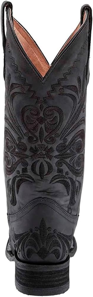Corral Boots Womens All Black Tooled Inlay Square Toe Casual Boots Mid Calf Low Heel 1-2" - Black