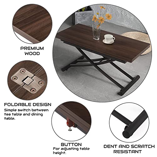 Myselfly Living Room Dinning Tables Folding Metal Lift Bracket Multifunction Transform Dinner Kitchen Coffee Tea End Table In Home Wood Desktop Design 40X35 Walnut #TOP5