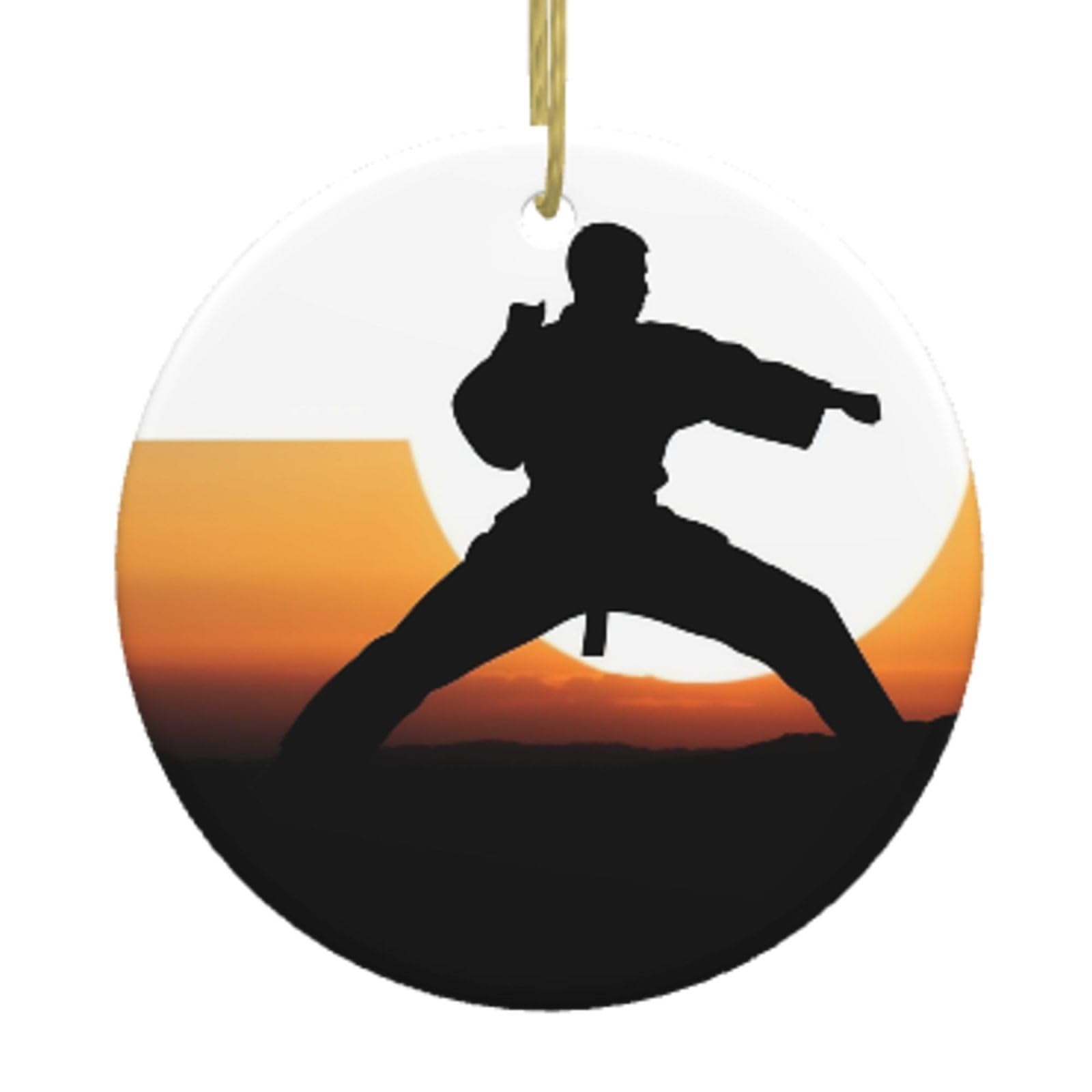 Ceramic Christmas Tree Hanging Ornaments with Gold Ropes Christmas Tree Decorations Round Ceramic Karate Silhouette Pendant Keepsake Decorations for Holiday Xmas Gift Ideas