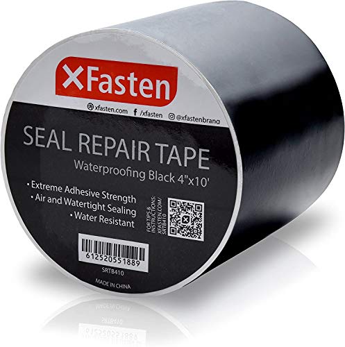 XFasten Waterproof Patch and Seal Tape, Black, 4-Inch by 10-Foot Roof and Gutter Rubber Repair Tape for Stop Leak Repair on Gutter, Roof, Boat, Pool Liner and HVAC  Waterproof and Puncture-Resistant