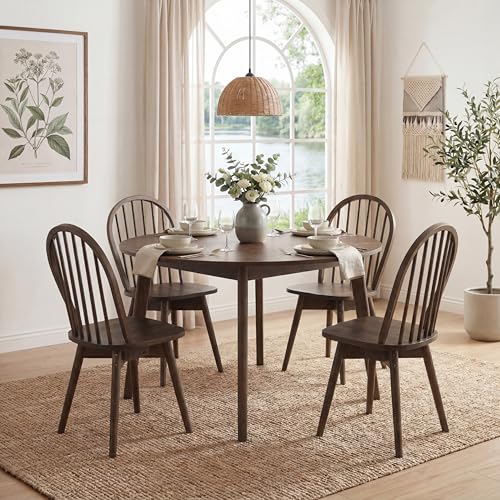 Image of COSTWAY Swivel Windsor Dining Chairs Set of 4, Solid Rubber Wood Armless Kitchen Chair with Tilt Back, Mid-Century Modern Side Chairs for Dining Room, Kitchen, Restaurant (Walnut)
