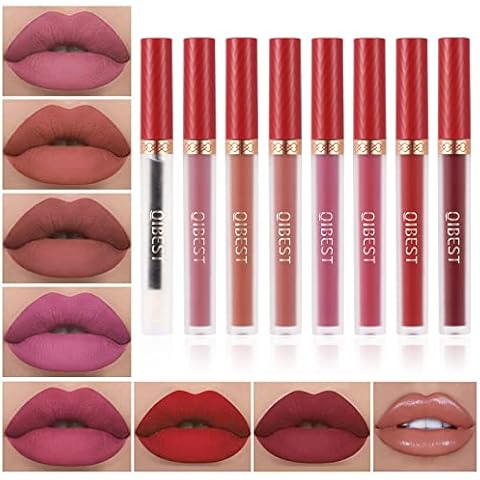 QiBest 8pcs Matte Liquid Lipstick with Lip Plumper Makeup Set Velvety Long Lasting High Pigmented Nude Waterproof Lip Gloss Kit Girls Women Make Up Gift Set Cover