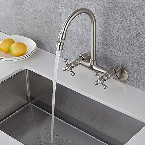 Brushed Nickel Kitchen Sink Faucet Wall Mount 6 Inch Center Kitchen Wall Faucets 360 Degree Swivel Spout Double Cross Handles