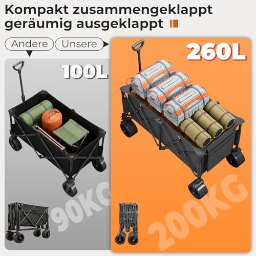 TRIUMPHKEY Bollerwagen Faltbar 260L 150KG Belastbar, Faltbarer Bollerwagen Geländetauglich mit Bremsen und Extra Breite Reifen All Terrain Bollerwagen, Grau
