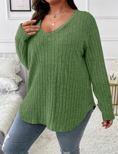 Image of Koscacy Women Plus Size Casual Knit Sweater V Neck Solid Color Tops Lightweight Long Sleeve Blouses