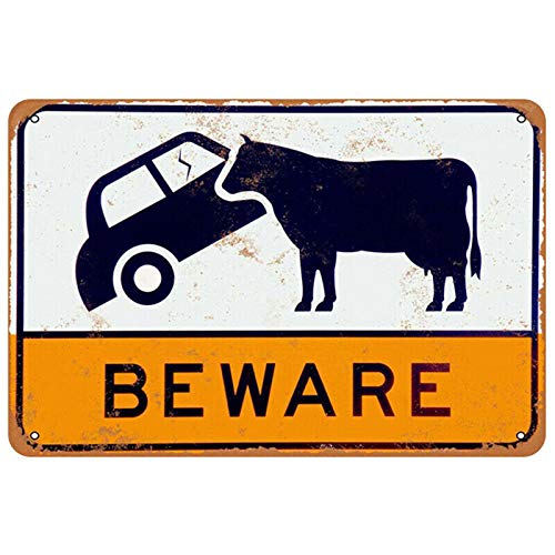 Warning Sign Metal Tin Beware of The Cow Pub Bar Wall Art Decor Vintage 12""x8""