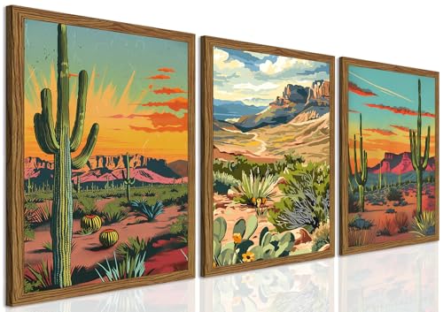 Framed Desert Landscape Wall Art Set of 3, Vintage Mexican