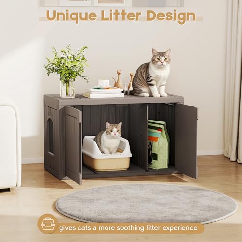 Image of Cat Litter Box Enclosure, Covered Cat Litter Box with Adjustable Partition, Multi-Functional Hidden Enclosed Litter Box Furniture, Easy to Clean & Assemble, Grey