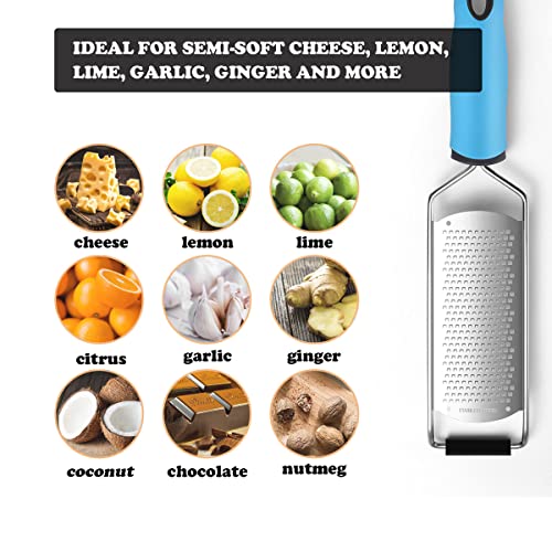 Upgraded Zester Grater With Handle, Fine Rasp For Kitchen Handheld, Hand Grating Tool For Cheese, Lemon, Citrus, Lime, Ginger, Garlic, Chocolate, Food Stainless Steel Sus304 By Haozan (Blue) #TOP6