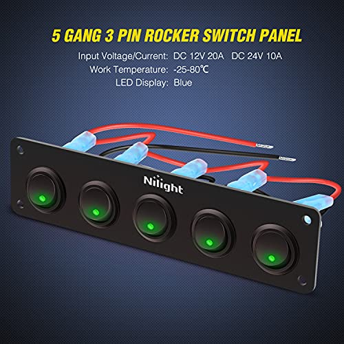 Image of Nilight 5 Gang 3 Pin Rocker Switch Panel On Off SPST Toggle | 12V 12V /20A 24V /10A Pre-Wired for LED Light Bar Rear Rock Lights Cars Trucks RV Boats 4X4 Green