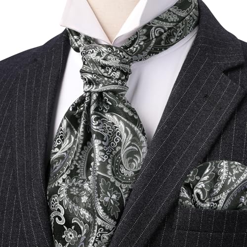 Image of HISDERN Ascot Ties for Men Paisley Floral Ascot and Pocket Square Set Classic Self Tie Mens Cravat Handkerchief for Wedding