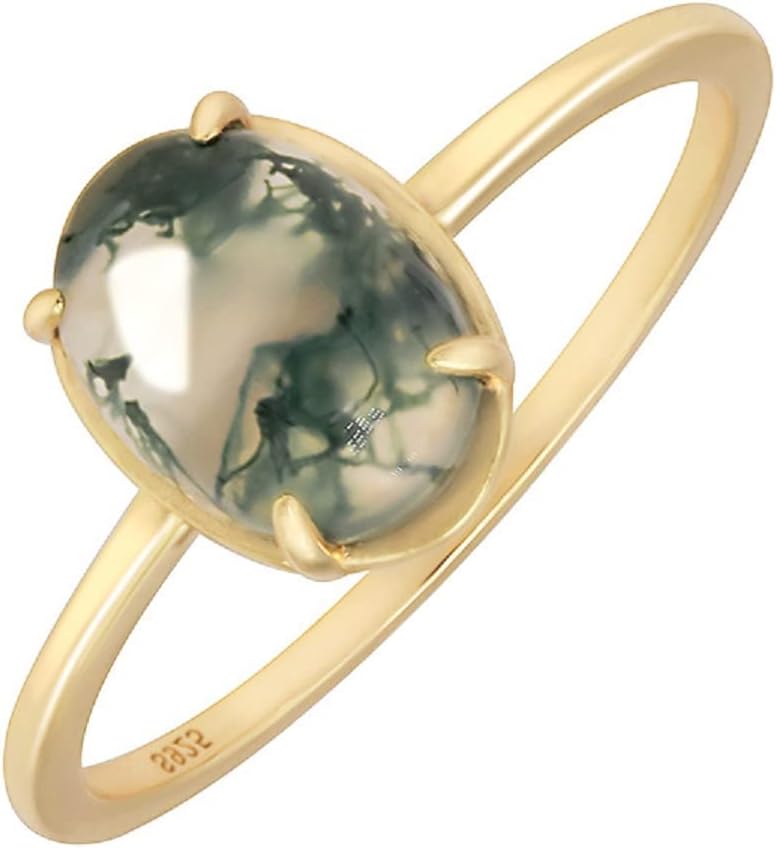 Natural Moss Agate With 14K Gold Plated Sterling Silver Rings Oval Ring Valentine Gift Vintage Retro Ring for Women
