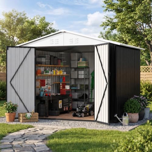 Image of Polar Aurora 6x8 FT Outdoor Storage Shed | Metal Garden Shed with Updated Frame Structure, Tool Sheds for Backyard Garden Patio Lawn, White