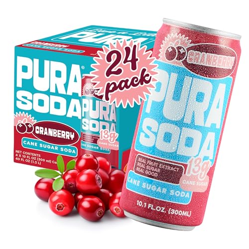 Image of PuraSoda Cranberry - 12g Pure Cane Sugar Soda, 10 Fl Oz, Pack of 24 | Real Fruit Extract, Non-Gmo Vegan, No Stevia Or Artificial Sweeteners, 13g Cane Sugar, 10 Fl Oz Cans