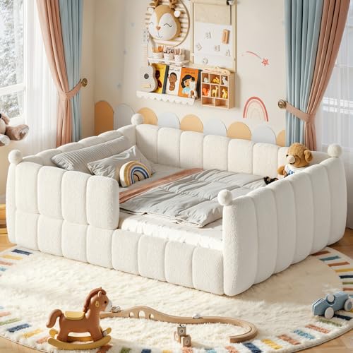 Bellemave Queen Size Teddy Fleece Upholstered Montessori Floor Bed with Fence Low Profile Kids Bed Frame with Full Padded Safety Guardrails No Box Spring Needed for Boys and Girls Beige
