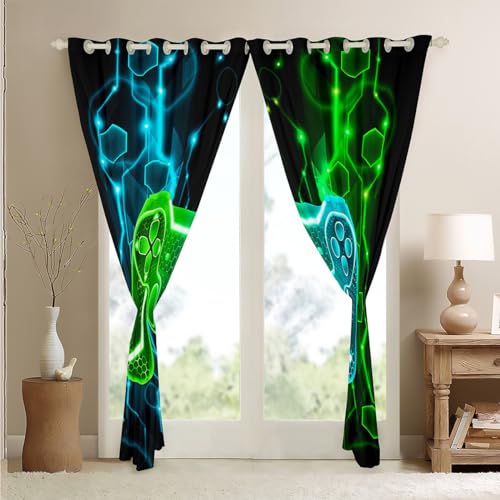 Homemissing Kids Gamer Curtains for Bedroom Game Controller Darkening Drapes W46*L72 Boys Gaming Gifts 30%-50% Blackout Curtains Gamepad Pattern Green Teal Blue Window Treatments - Image 4