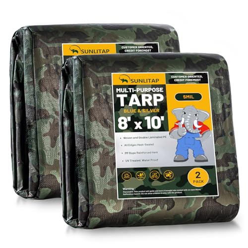 SUNLITAP 2 Pack Camouflage Tarp 8 x 10 Multipurpose Waterproof Tarps Finished Size Tarp with Grommets Reinforced Edges 5 MIL Light Duty Tarpaulin for Car Camping Boat Roof Protective Cover
