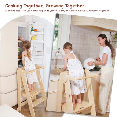 Montessori Lernturm klappbar & 3-stufig höhenverstellbar - Faltbarer Küchenhelfer für Kinder - Mitwachsender Tritthocker aus Holz mit Sicherheitsgeländer, platzsparend für Küche und Bad