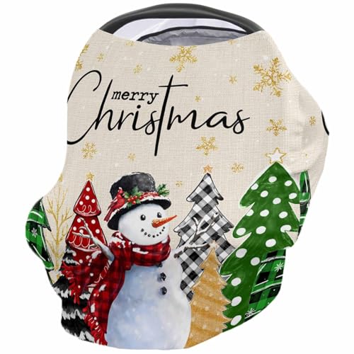 Nursing Cover for Breastfeeding Scarf, Merry Christmas Cute Snowman Xmas Tree Snowflake Glod Baby Car Covers Super Soft Multi Use for Canopy Shopping Cart Cover Blanket Stroller Cover