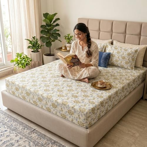 Image of Mafatlal 186 TC Grace Pure Cotton Double Size Bedsheet | 90 x 100 Inch | Soft Breathable Cotton Bed Sheet Set with 2 Pillow Covers | Antique Gold