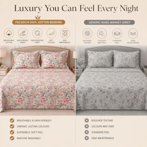 Image of BSB HOME 240 TC Cotton King Size Bedsheet, Premium Soft Breathable Floral Printed Double Bed Sheet, Bed Cover for Bedroom, Durable Bedding, 90 x 100 Inches (229 x 254 cm) - Warm Cream