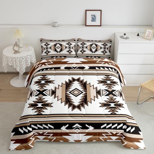Manfei Aztec Print Kids Comforter Set King Size,Western Cowboy Southwest Tribal Bedding Set,Boys Girls Adults Room Decor,Abstract Geometric Patchwork Qulit Set,Brown Retro Duvet Insert,2 Pillowcases