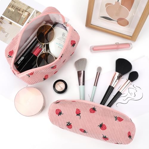 EIMMBD Makeup Bag 3 Pieces Large Capacity Cosmetic Bags Travel Toiletry Bag Organizer Cute Makeup Pouch Storage for Women(Pink Strawberry)2