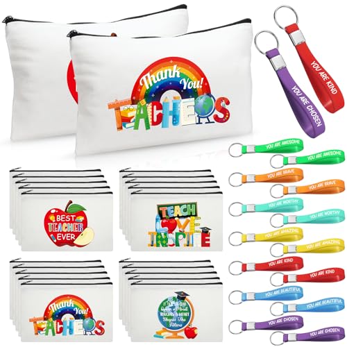 Capoda 56 Pcs Teacher Appreciation Gifts in Bulk 28 Inspirational Flax Cosmetic Bags for Women 28 Motivational Quote Keychains Thank You Gifts for Teacher's Day Graduation Back to School(White)