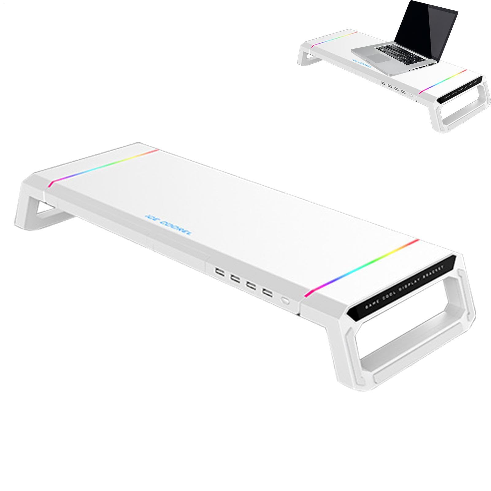 Soporte ergonómico para computadora: elevador de monitor ajustable, organizador de escritorio multifunción, concentrador de expansión USB, acento RGB, soporte para impresora | Uso para portátiles, PC,