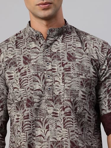 Image of Majestic Man Men's Pure Cotton Printed Mandarin Collar Regular Fit Roll-Up Sleeves Short Kurta