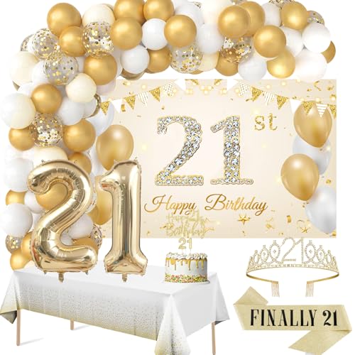 Roetyce 21st Birthday Decorations for Her, White and Gold Happy 21st Birthday Banner Balloons Arch Tablecloth, Gold 21st Birthday Sash and Crown, Girls 21 Years Old Birthday Party Supplies Background