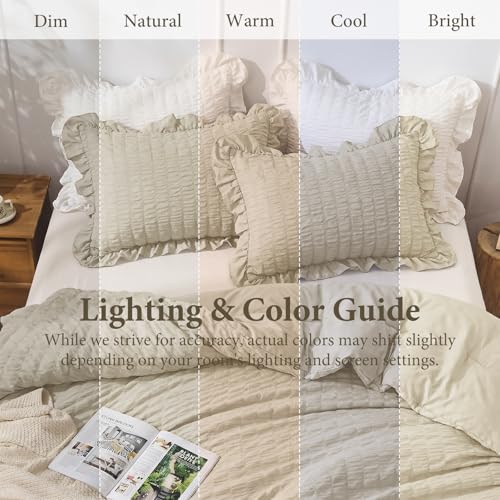 Image of JOLLYVOGUE Full Size Comforter, 3 Pieces Linen Seersucker Lightweight Full Size Bedding, All Season Fluffy Microfiber Bedding Comforter Set with 1 Ruffle Comforter and 2 Ruffle Pillowshams