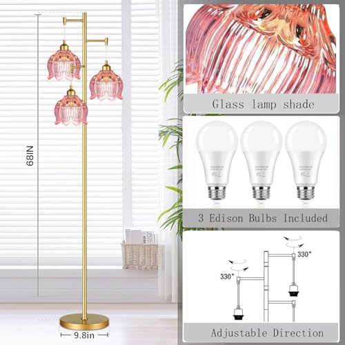 Image of ILLMTW Glass Floor Lamp for Living Room,Bedroom,Gold Flower Mid Century Modern Standing Lamp Brass Tree 3 Light Tall Floor Lamps Vintage Floor Lights Pink Lamp Shade Farmhouse Boho Bohemian