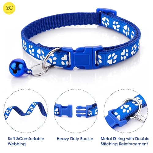 Image of YellowCult Dog /Cat Collar Leash Set with Adjustable Soft Nylon Paw Print Pet Collar for Cats, Puppies, Small Dogs, Fat Rabbits Walking Training, Bell & Quick Release Buckle Safety Lock -[Dark Blue]