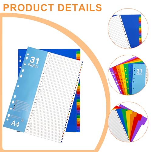 Intercalaires à onglets 1 à 31 multicolores avec table des matières