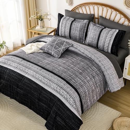 Image of Dintszyayue Black Comforter Set Queen Size, 8 Pieces Boho Striped Bed in a Bag Soft Microfiber Bedding Set for All Season