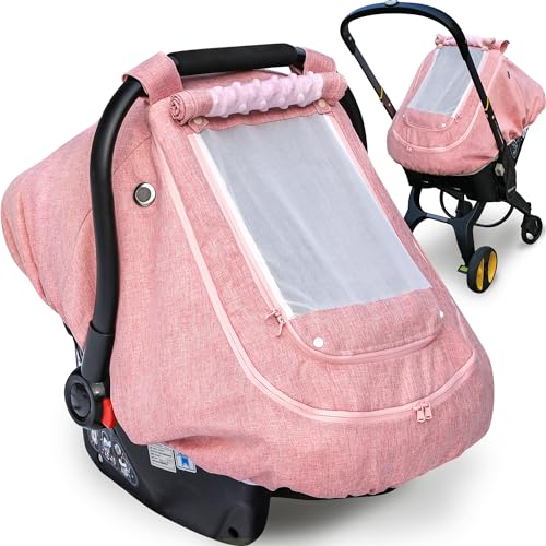 Image of Waterproof Baby Car Seat Cover，YVMVDV Patented Pink Cold Weather Carseat Cover for Babies,Infant Car Seat Cover Canopy for Girls, Windproof Car Seat Canopy for Girls, Keeps Babies Warm and Cozy